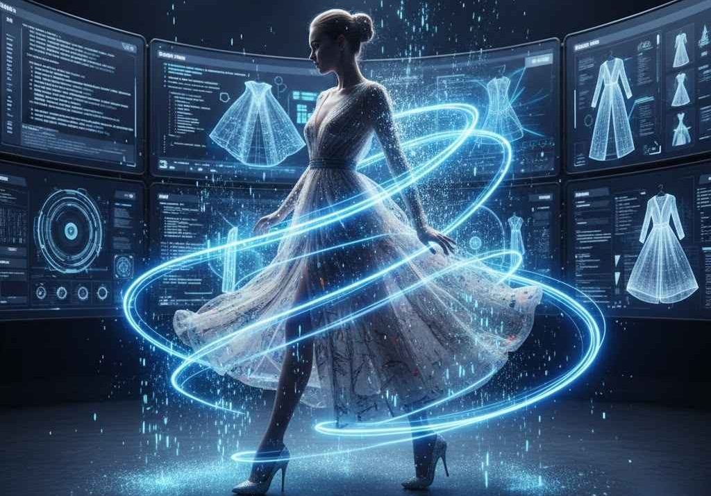 A professional digital human model created using AI virtual modeling technology in a futuristic high-tech fashion studio.