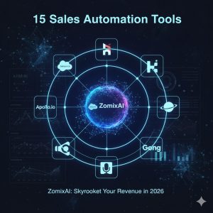 Top 15 Sales Automation Tools for 2026 infographic with ZomixAI branding