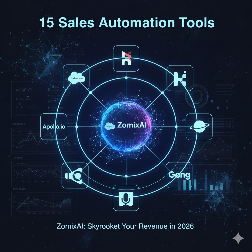 Top 15 Sales Automation Tools for 2026 infographic with ZomixAI branding