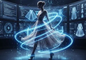 A professional digital human model created using AI virtual modeling technology in a futuristic high-tech fashion studio.