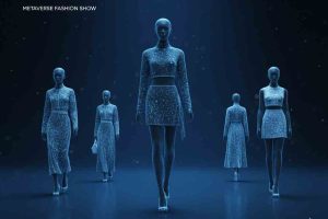 A futuristic digital human model on a virtual catwalk showcasing Digital Fashion Show Innovation