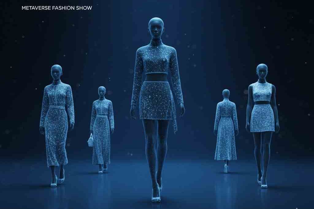 A futuristic digital human model on a virtual catwalk showcasing Digital Fashion Show Innovation