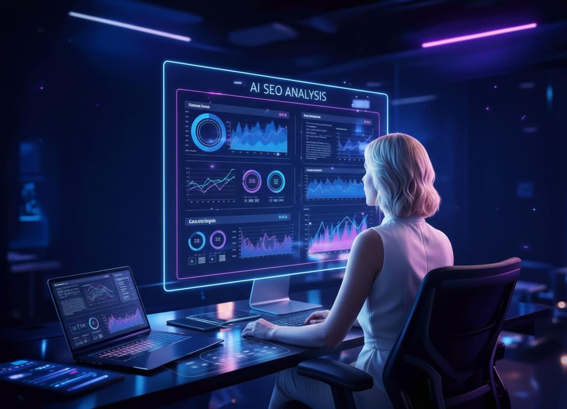 Professional female SEO specialist analyzing website performance data on a futuristic holographic AI dashboard with clean workspace.